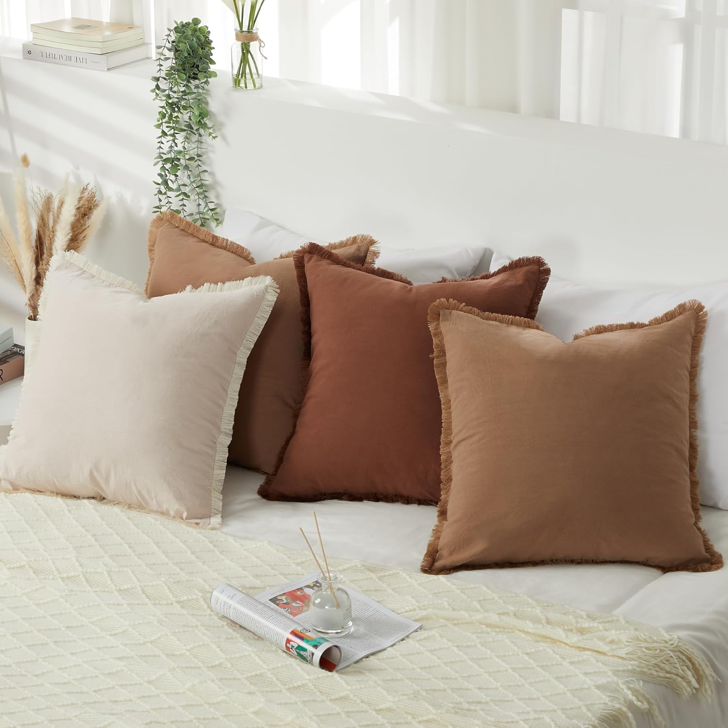 Garvee 4pcs Washed Cotton Solid Color Tassel Pillow Covers - Soft, Durable, Stylish, Easy to Clean, Comfortable