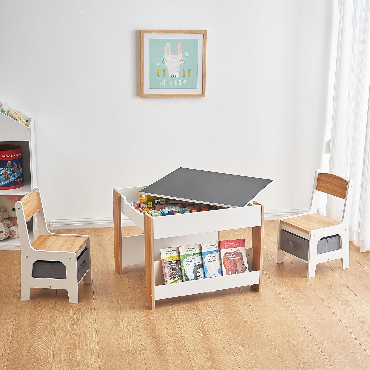 Asweets Ensemble Table et Chaises pour Enfants, Bureau 4 en 1 avec Tiroir De Rangement, Table d'Activités en Bois pour Plateau Amovible 2 en 1, avec Bibliothèque