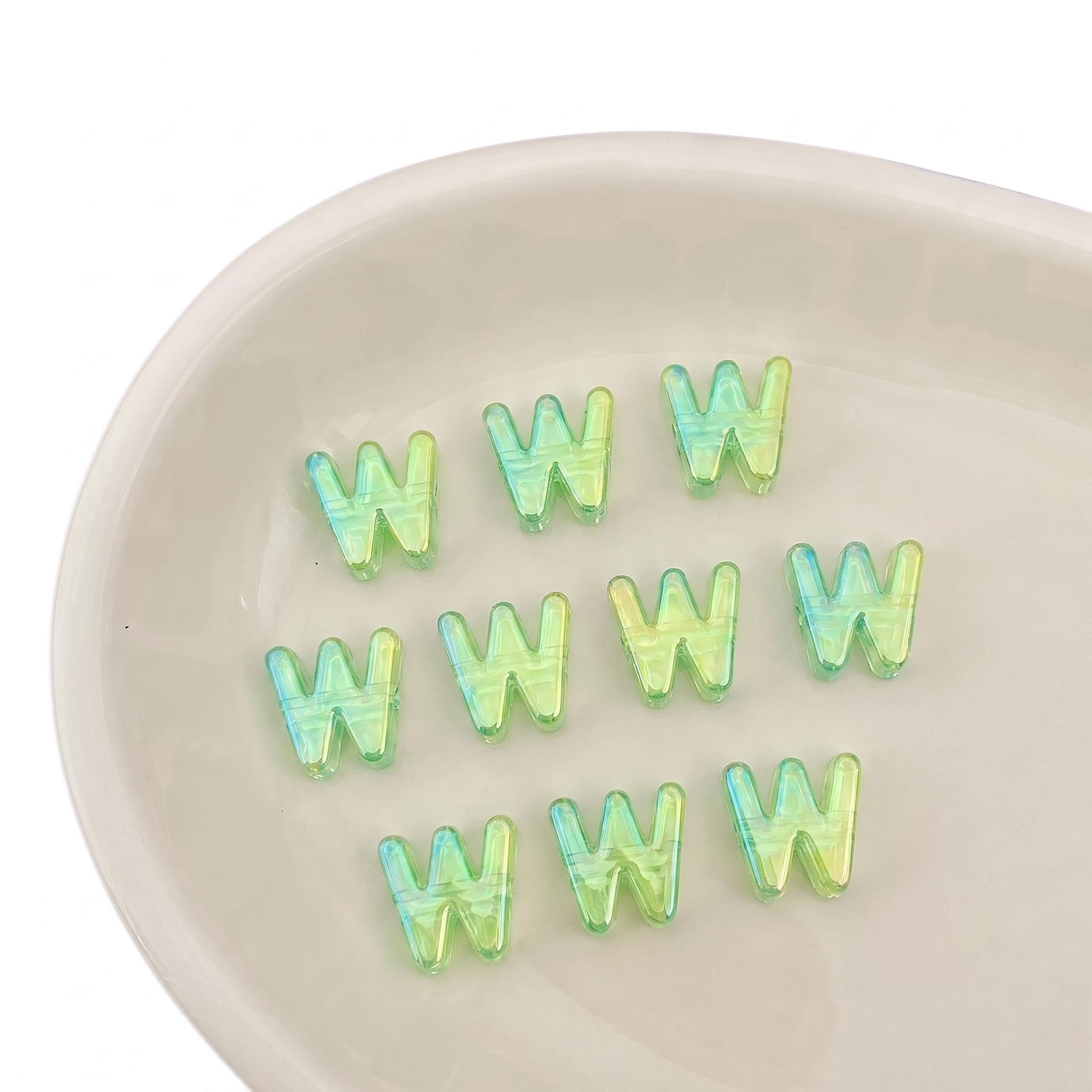 Letter Beads 10pcs, Large Acrylic Alphabet Beads with 6mm Hole, Iridescent Holographic UV Plated for Bracelet Making, Jewellery, Keyrings & Craft (Iridescent Green, Letter W)