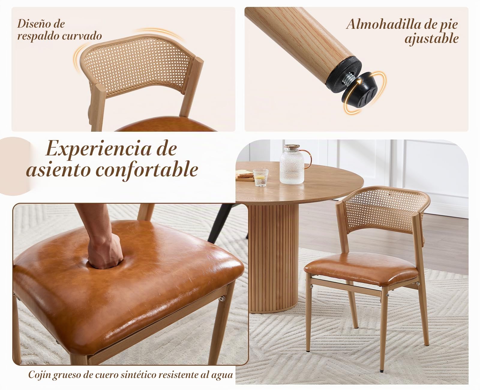 chairus 2PCS Sillas de Comedor de Madera con Respaldo de Ratán, Marrón | Asiento de Cuero PU, Sin Brazo, Estilo Moderno, Para Restaurante