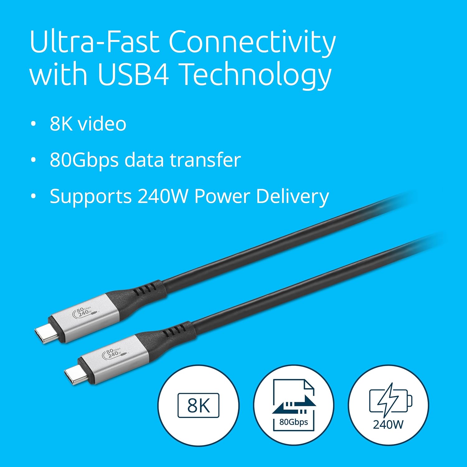 Kensington USB4® Cable 1.5m, 80Gbps, Supports up to 8K Video, up to 240W Power Delivery (PD 3.1), Compatible with USB-C Docking Stations (K32301WW)