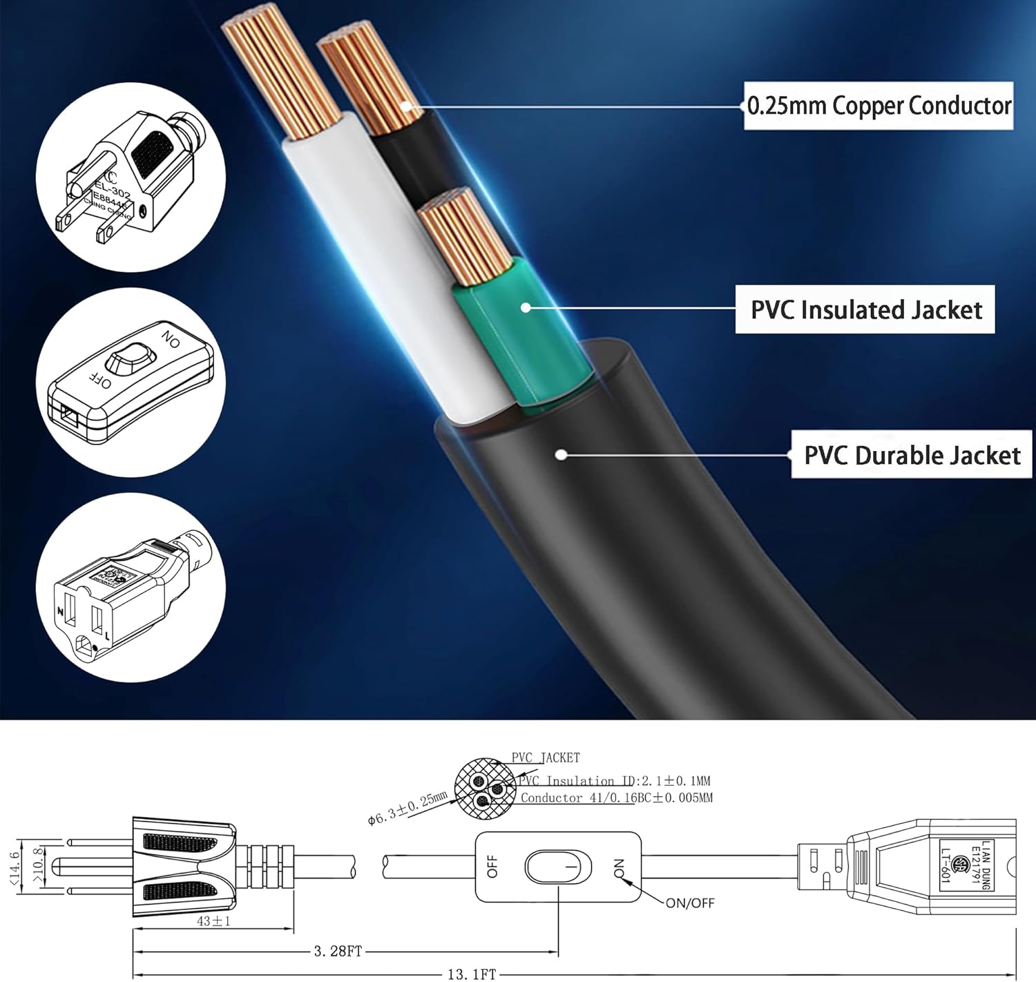 Long Extension Cord with Switch On/Off 3 Prong Grounded Plug Indoor Power Cord 13.1 FT Insulated & Flame Retardant, UL Listed