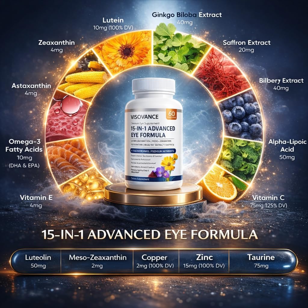 15 in 1 Advanced Eye Formula - Carotenoids, Lutein, Zeaxanthin & Antioxidant Blend, Daily Visual Support Formula for Screen Use & Overall Eye Wellness – 60 Capsules