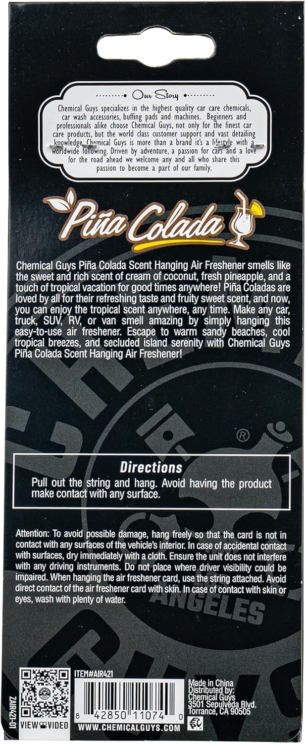 Chemical Guys Car Fresheners, Hanging Air Fresheners - Pina Colada Scent for Cars, Trucks, SUVs, RVs, Home, Office, Work, Dorm Room, & More - 12 Pack