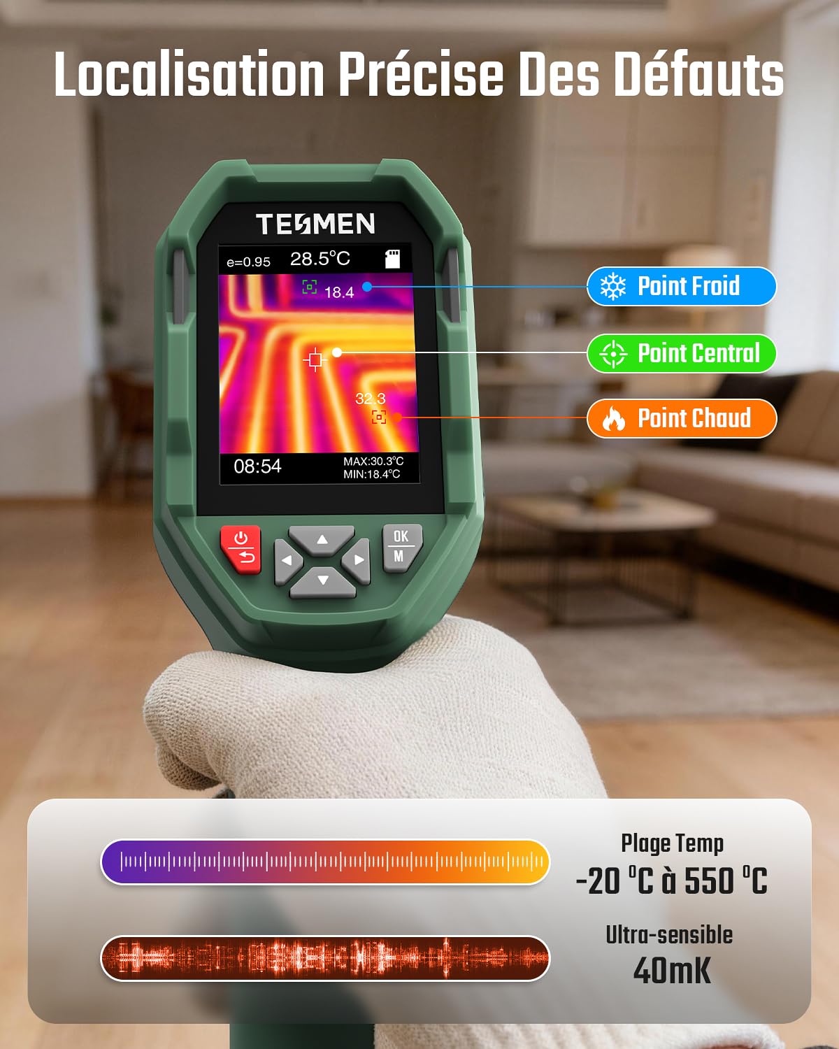 TESMEN TKA-6000 Caméra Thermique, TISR 240 x 240, -20℃~550℃, Caméra Thermique Infrarouge portative 25 Hz, Ultra-Sensible 40 MK, Suivi en Direct pour Entretien Maison, Inspection Fuites et CVC