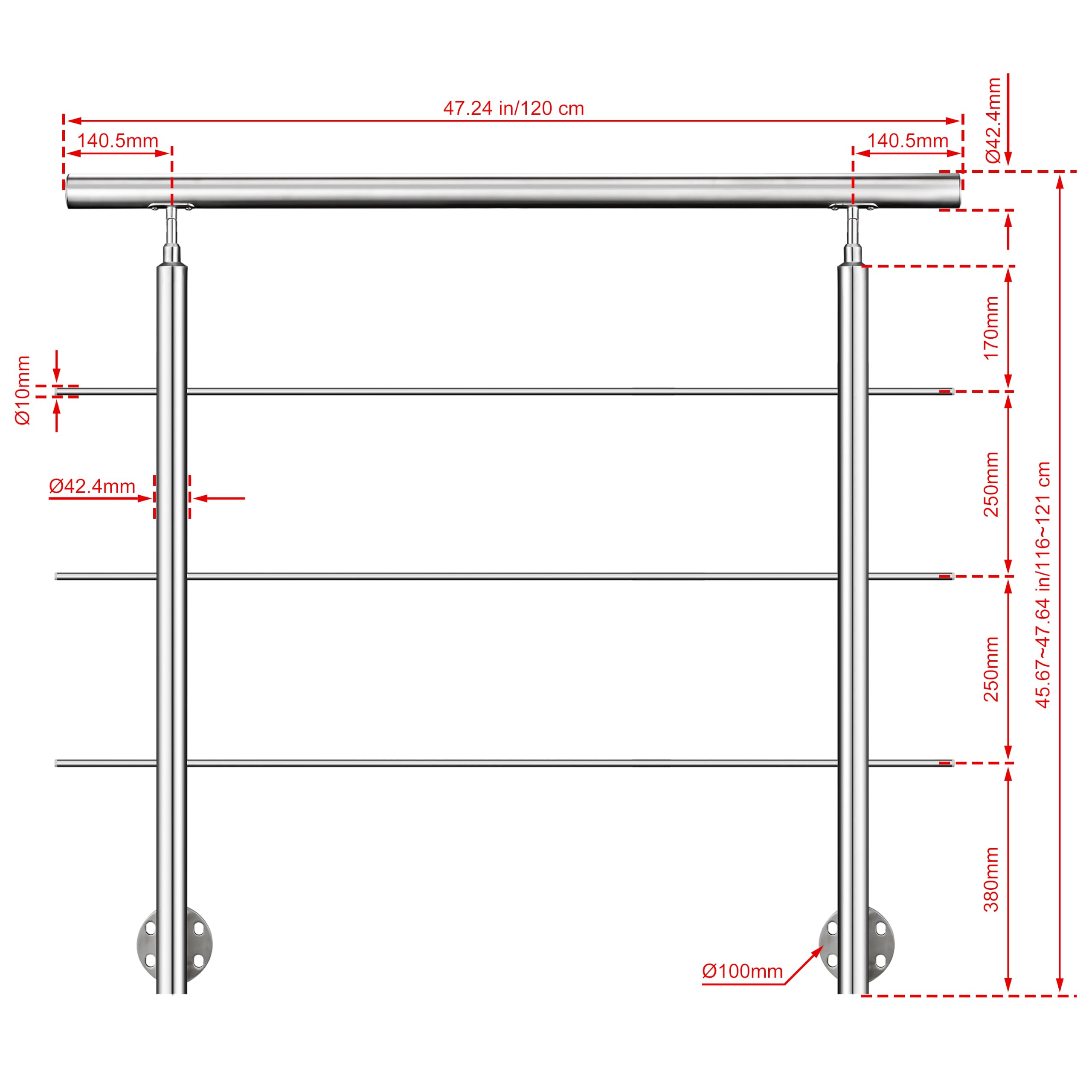 AICA 304 Edelstahl Handlauf 120 cm Treppengeländer zur Seitenmontage