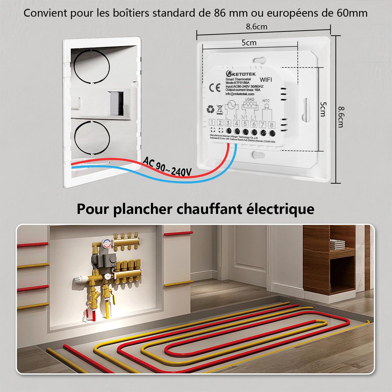 KETOTEK Thermostat Connecté, Programmable Thermostat Chauffage électrique 16A, Thermostats d'ambiance WiFi Compatible avec Alexa, Commande Vocale et App Télécommande