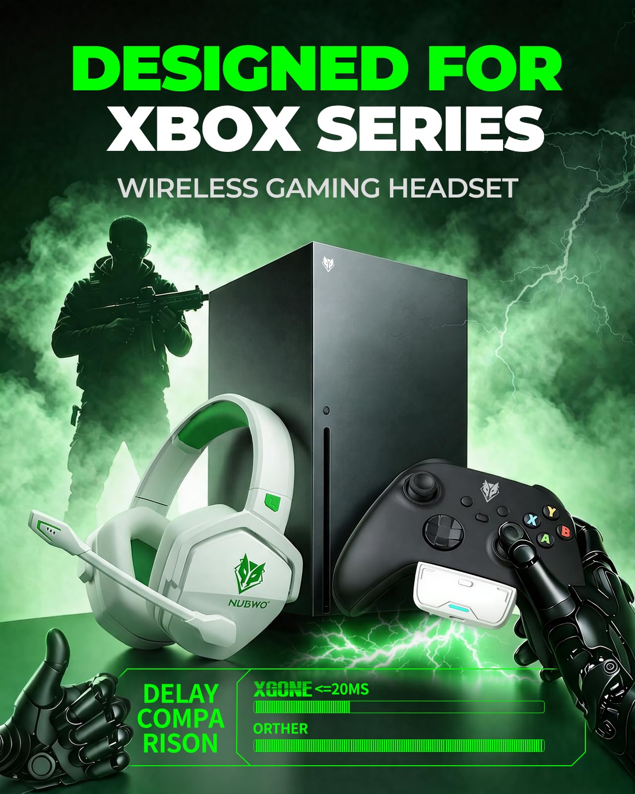 NUBWO G06 - Auriculares inalámbricos para videojuegos con micrófono para Xbox PS5, PS4, PC, 23 ms de baja latencia, 100 horas de reproducción, controlador de 50 mm, color blanco y verde