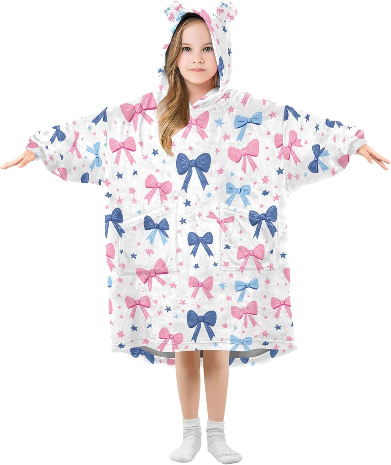 Pink Blue Bows Kids Wearable Blanket Hoodie with Pocket and Sleeves for Toddlers, Cute Hoodies 3-14 Year Girls Boys