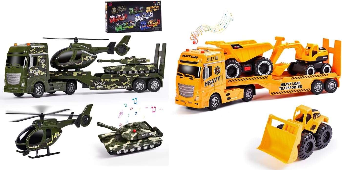 ZHFUYS 4-in-1 Construction Carrier Truck Toy for Kids & 25.6" Green Military Big Truck Toys, Semi Truck Kids Toy, Great Gift for 3+Years Old Boys and Girls