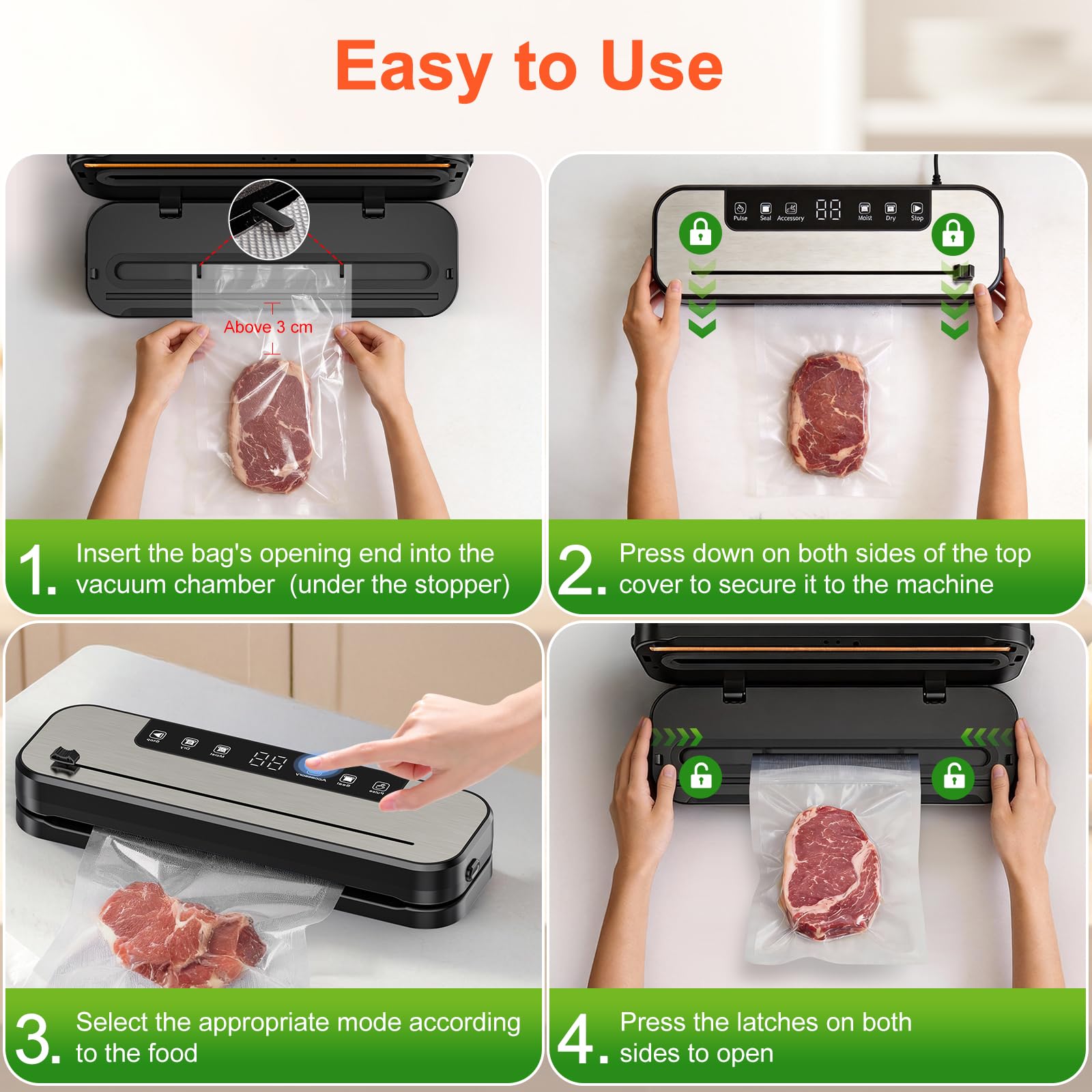 SHINER Machine Sous Vide Alimentaire, Appareil de Mise Sous Vide 6 en 1 avec Modes Sec et Humide, UV, 50 Sacs, Couteau de Coupe et Tuyau, Scellure Large 30 cm –Idéal pour la Conservation