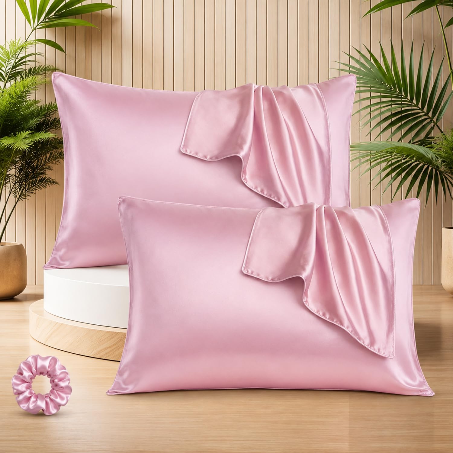 SITTELLA Satin Pillow Covers for Hair | Set of 4 + 2 Free Satin Scrunchies | Silk Pillow Case | Soft Pillow Satin Cover with Hidden Zipper | Pillow Cover | Pink