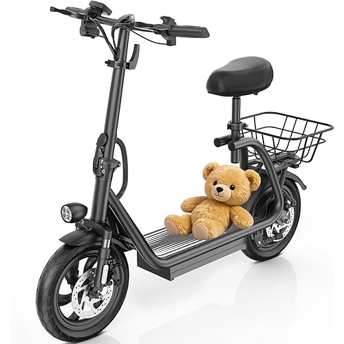 Caroma Electric Scooter with Seat for Adults, Max 30Miles Ranges&20Mph, 500/800/1200W Motor, 14" Fat Tire Foldable Commuter E-Scooter with Basket for Pets & Cargo, 300lbs Max Load