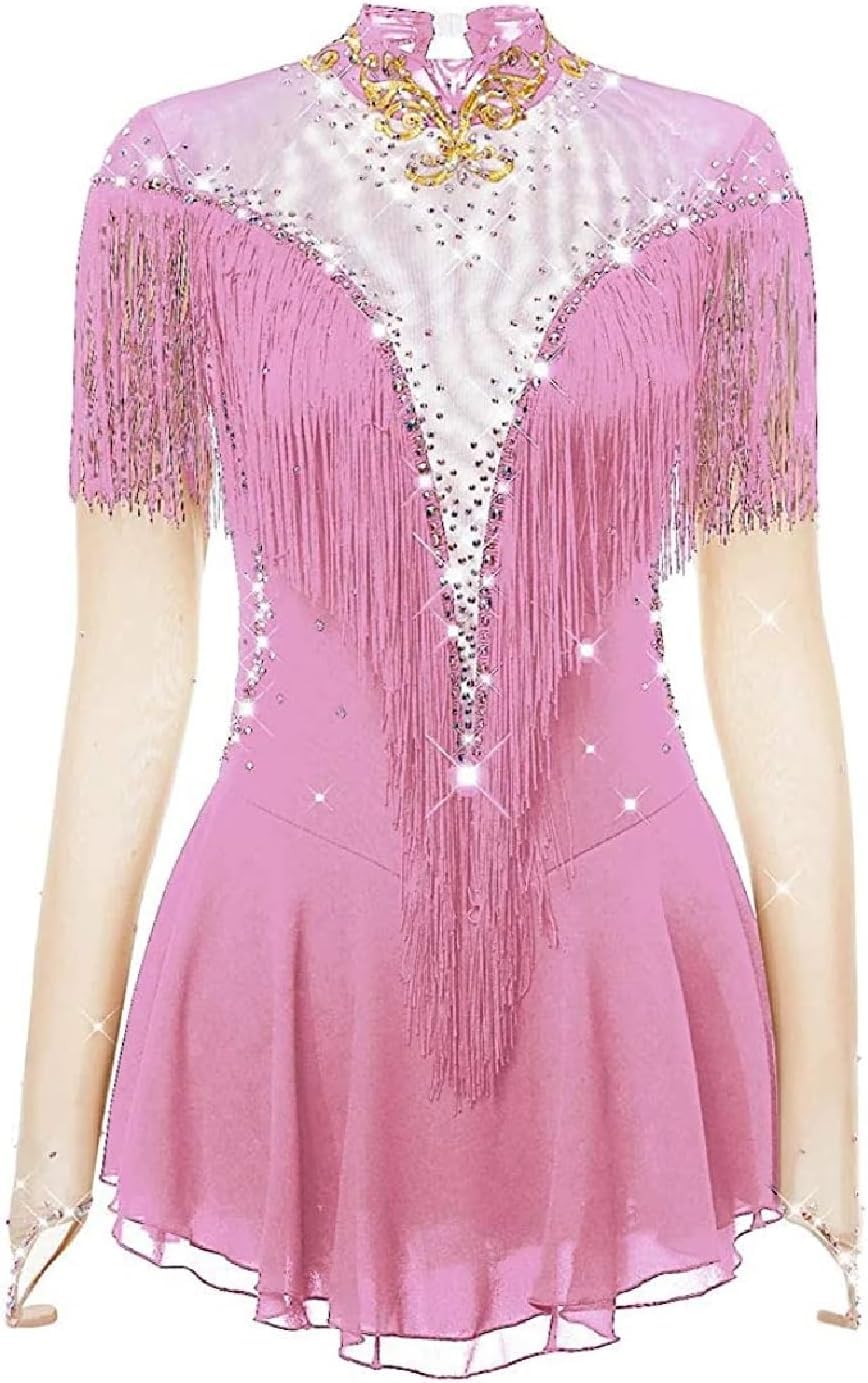 Sukienki Do Jazdy Figurowej Dla Kobiet I Dziewcząt, Z Kołnierzykiem Stojącym, Długimi Rękawami I Frędzlami, Pink, 3XL
