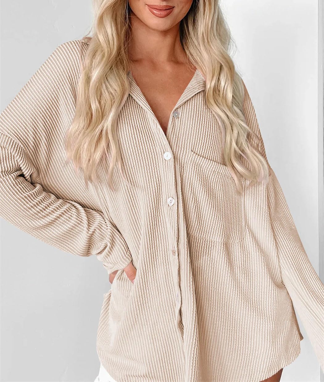 Womens Waffle Knit Shirts Long Sleeve Solid Color Button Down Shirts Boyfriend Style Blouses Tops with Pockets