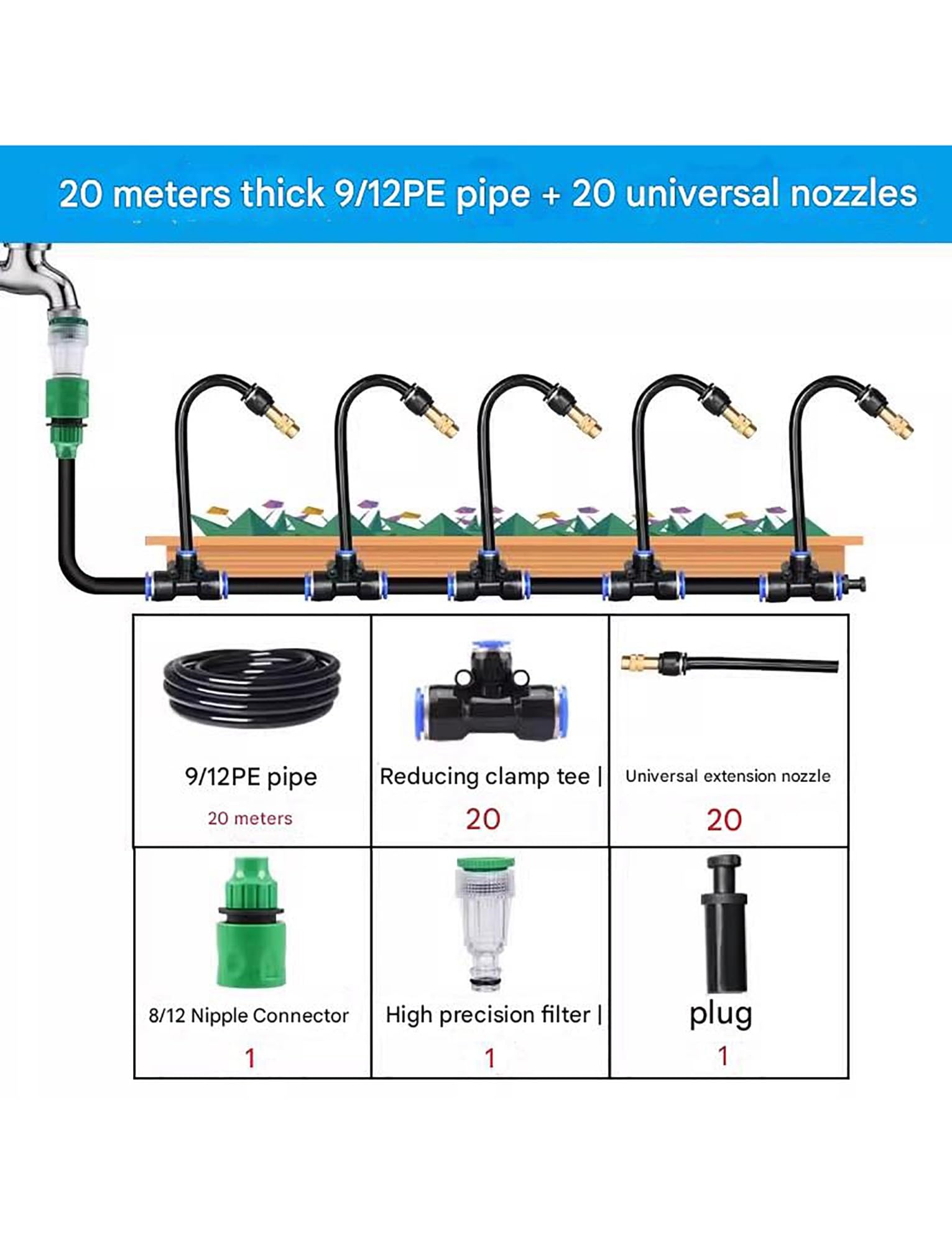 Genérico Boquilla nebulizadora Ajustable de 360°: riego automático for Plantas de jardín o Cultivo, microaspersor con enfriamiento por nebulización, fácil instalación.(20meters/65.6ft)