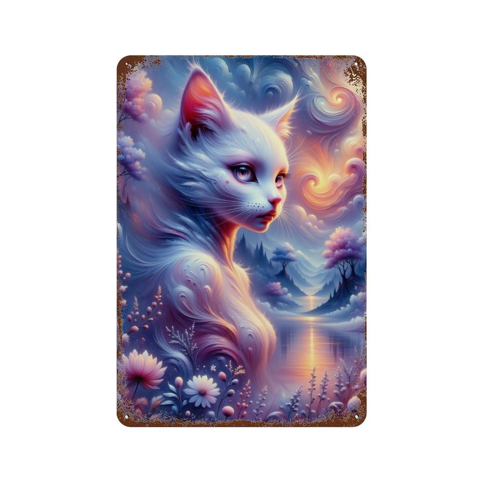 Fantasy Cat in Flowers 11.8"x7.9" Rust Effect Tin Sign, Vintage Wall Decor for Farmhouse, Kitchen And Entryway Decor