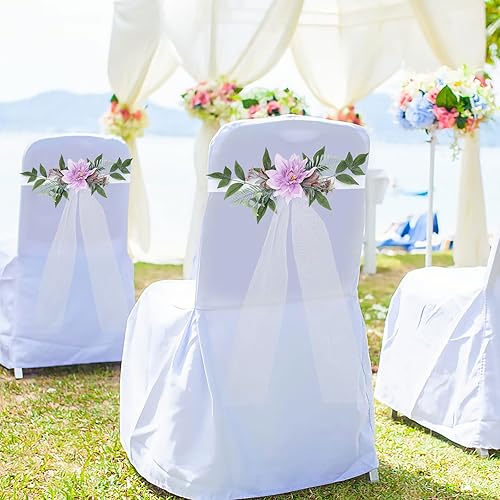 Miniatura 10 de Fofetbfo Juego de 6 decoraciones para sillas de pasillo de boda, flores artificiales con cintas, sillas, respaldo de banco, arreglo de flores para