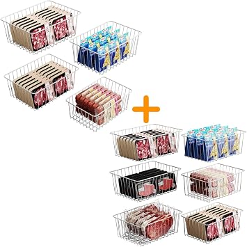 iSPECLE Freezer Organizer Bins - Bundle with 4 Pack Upright Freezer Baskets for 16/17 / 21 Cu.Ft Freezer and 6 Pack Stand up Freezer Organizers for 16 Cu.Ft Freezer Stop Food Fall out Easily Get Food