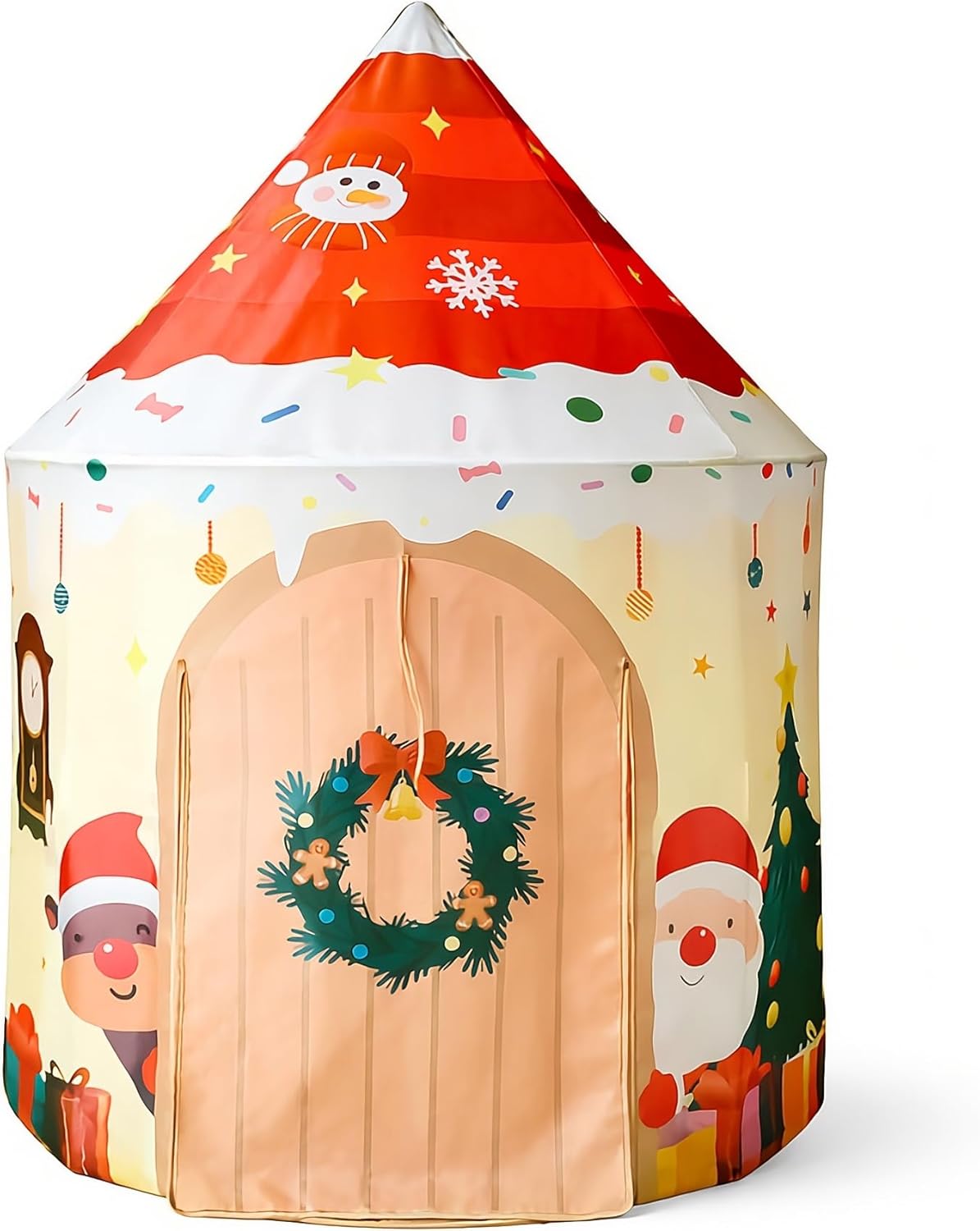 Santa & Jingle Bells Candy Kids Play Tent, Holiday Theme Playhouse with Roll-Up Door & Window, Indoor for Toddlers Dogs Cats