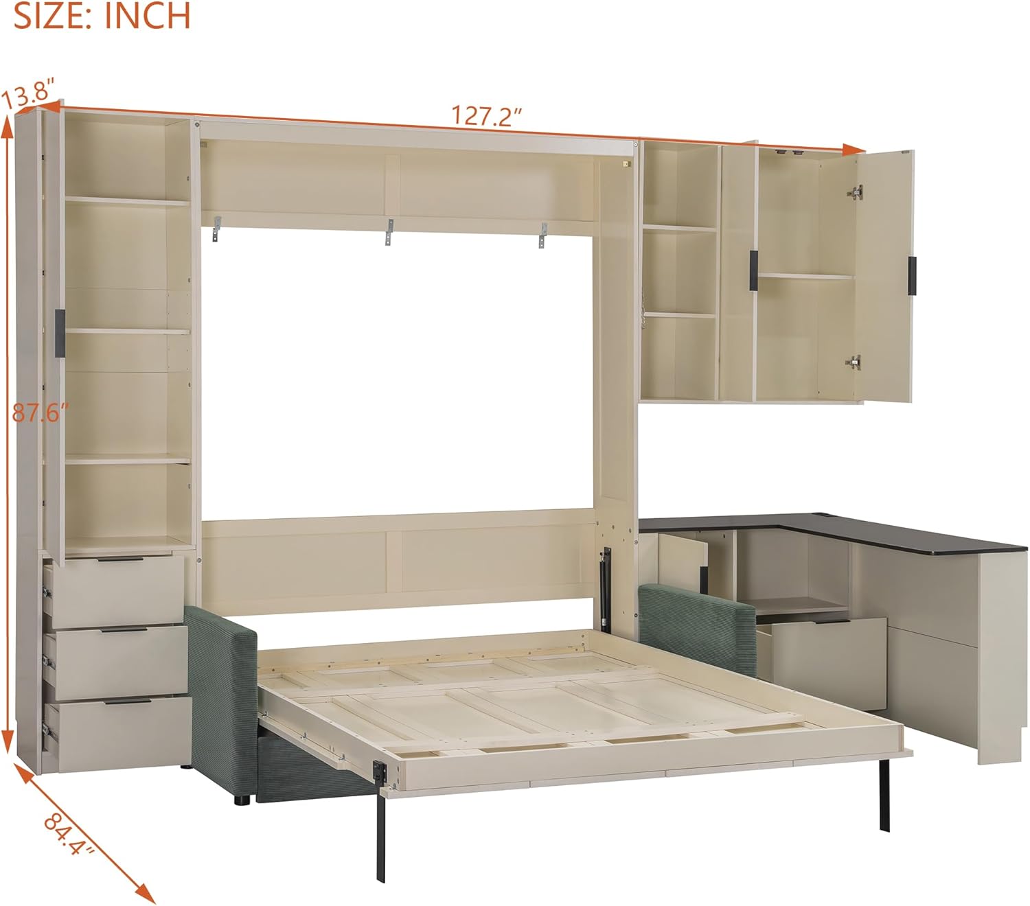 Merax Farmhouse Multi-Functional Murphy Bed with Sofa, Desk & Storage Cabinet,Solid Wood Foldable Wall Bed with/w/USB Charging Station Space Saving/No Box Spring Needed/Queen, Beige + Green