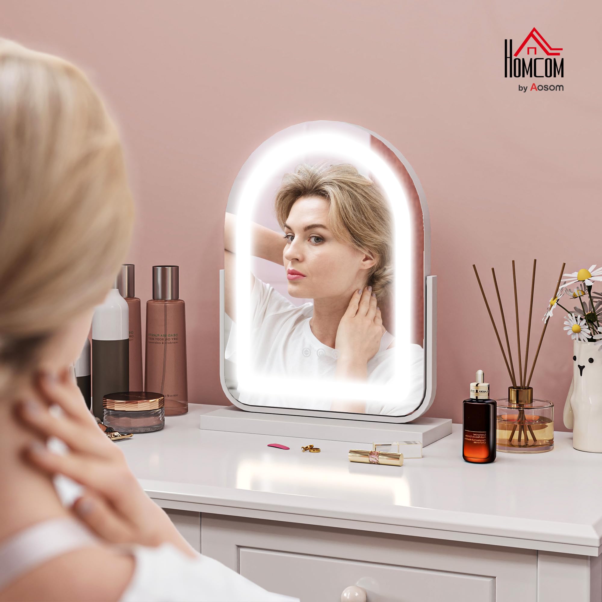 HOMCOM Espejo Maquillaje con Luz LED Espejo Tocador Giratorio con 3 Modos de Iluminación Ajustables Interruptor Táctil Rotación Regulable de 360° y Función de Memoria Blanco
