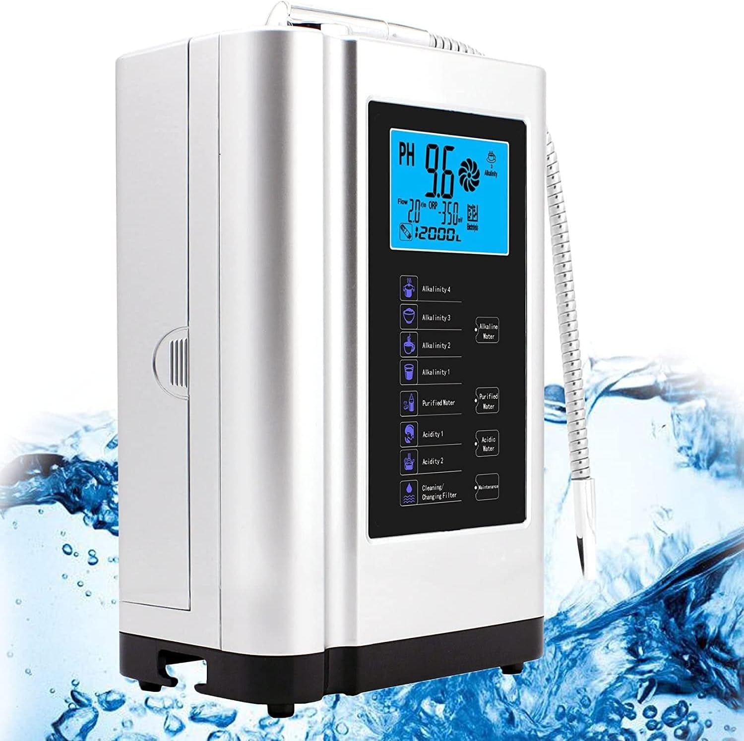 Water Ionizer, Water Purifier Machine, Alkaline Water Ionizer and Alkaline Acid Water Machine Ph 3.5-10.5 Water Filtration System for Home, LCD Touch Water Filter,Silver-White