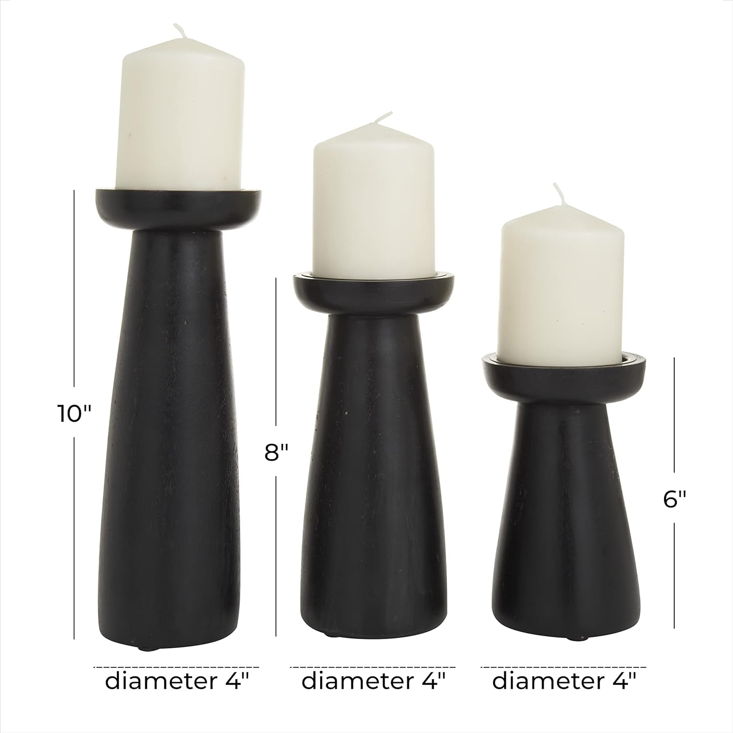 Deco 79 Mango Wood Decorative Candle Holder Pillar Candle Stand, Set of 3 Candlestick Holder 10", 6", 8" H, Black