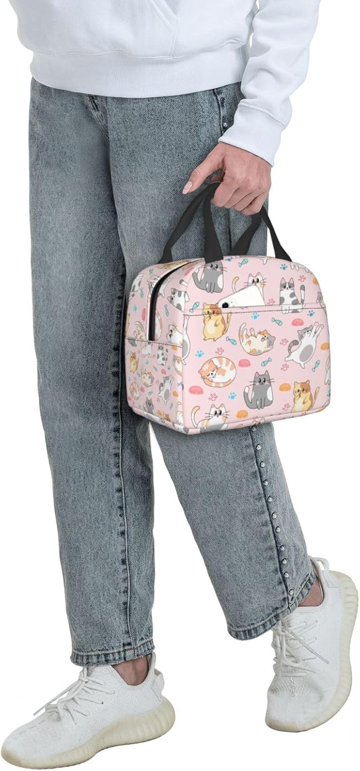Pink Cat Lunch Bag Reusable Zipper Closure Insulated Pink Cats Lunch Box