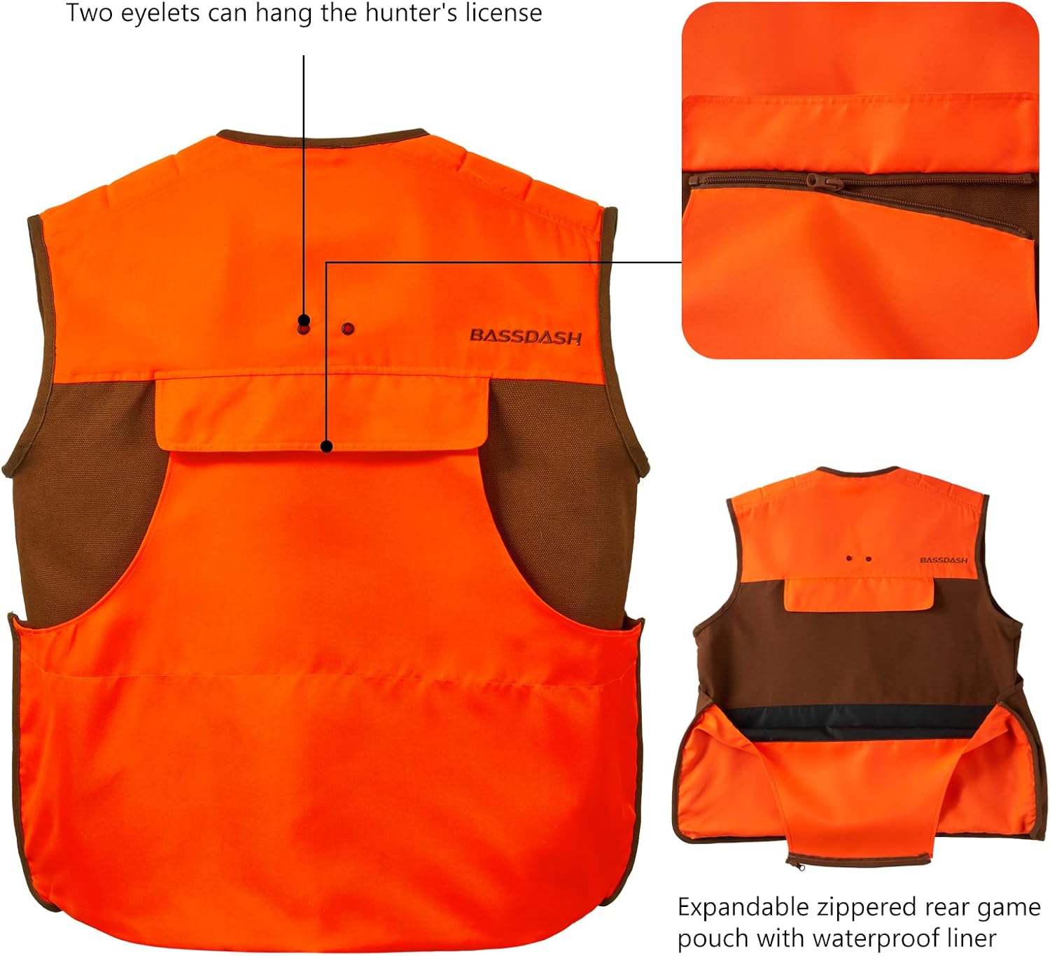 BASSDASH Upland Game Field Water-Resistant Bird Hunting Vest with Multi Pockets Brown/Orange Men Women FV11 - Image 2