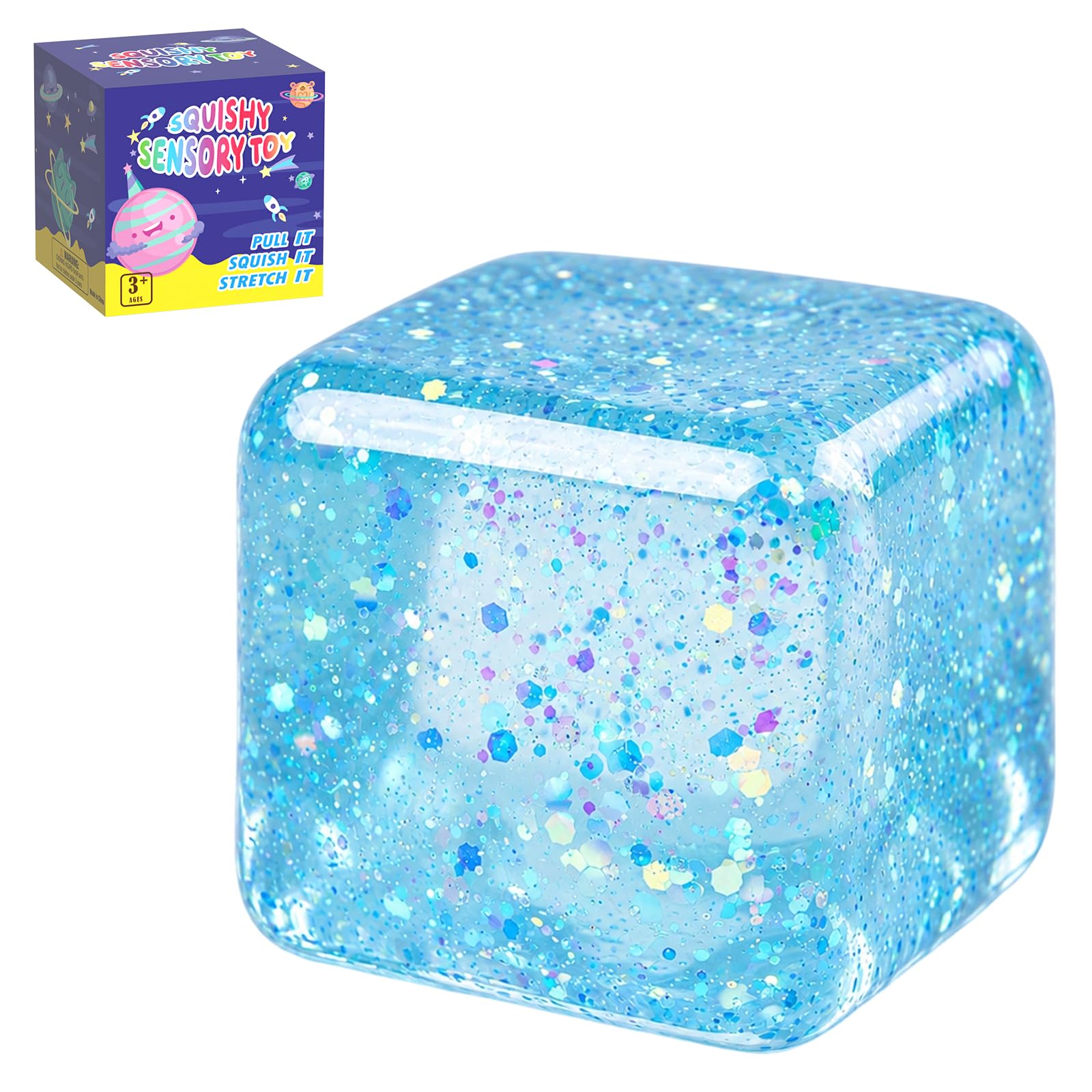 Glitter Squishy Cube Stress Relief Toy, Soft TPR Fidget Squeeze Toy(Blue)