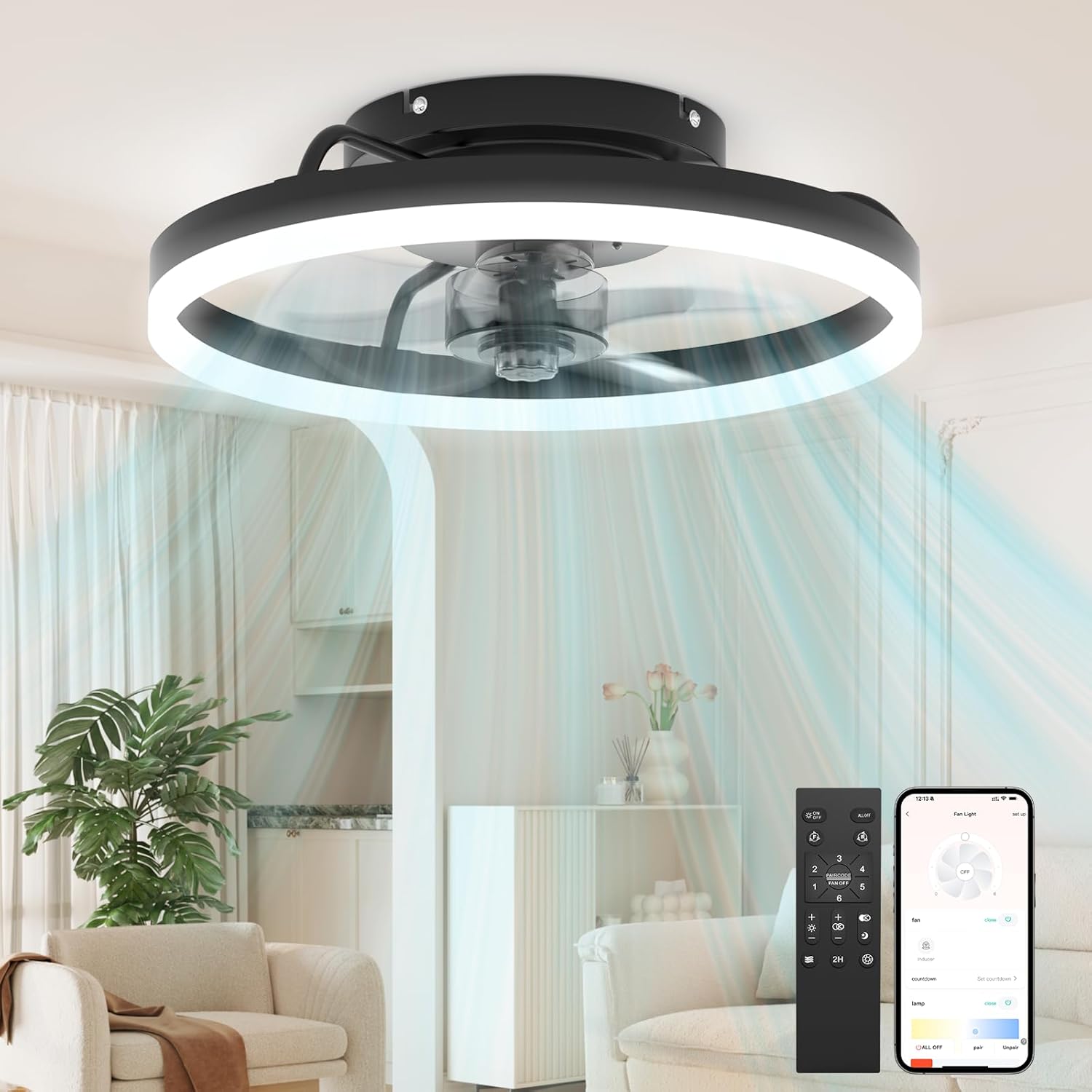 Ceiling Fans with Lights and Remote, Low Profile Ceiling Fan, Modern Flush Mount LED Fan Light, 6 Wind Speeds Fandelier Ceiling Fan with Light for Bedroom, 3000-6500K Dimmable (15.7" Black) 15.7 INCH Black