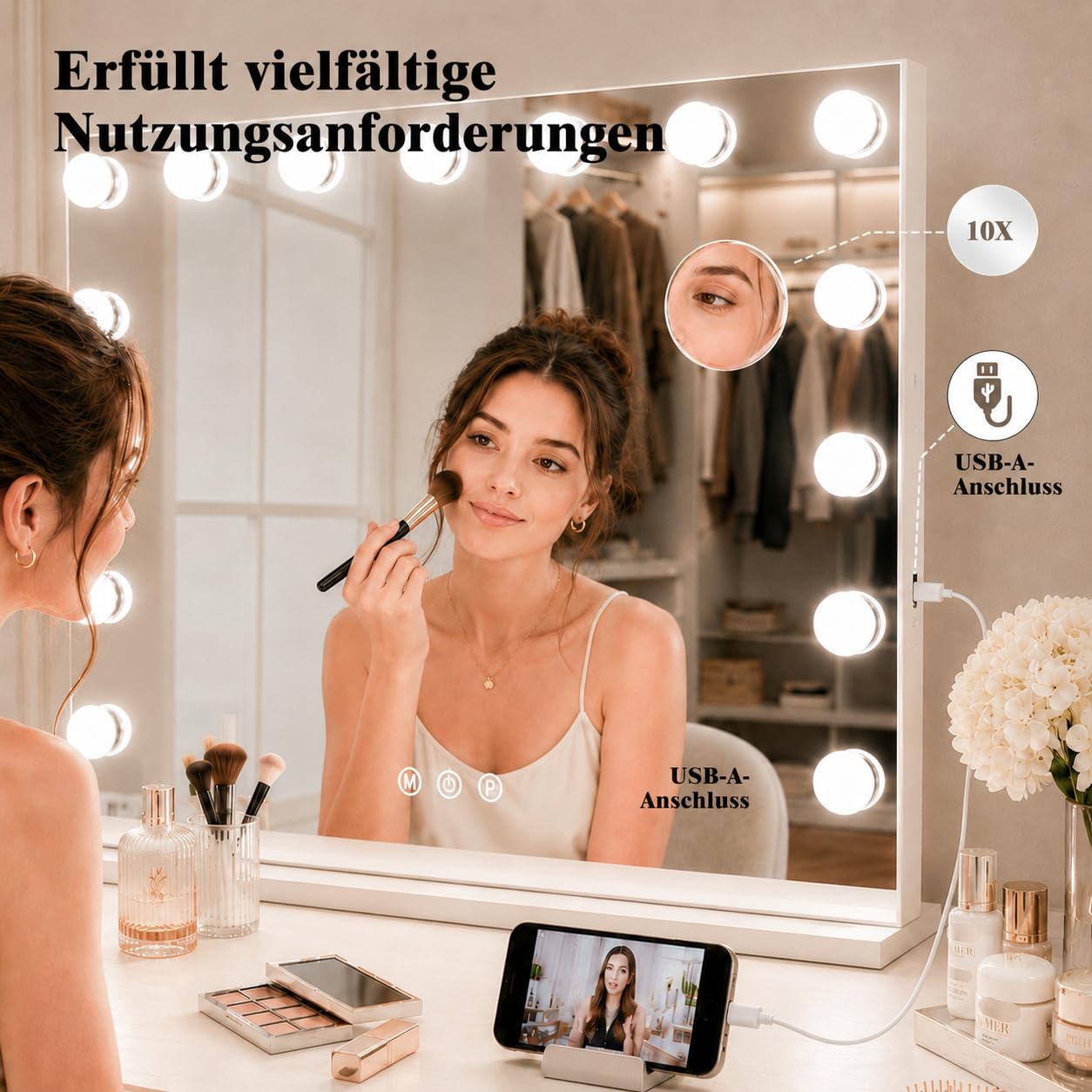 Koonmi Hollywood Specchio da trucco a LED, 55 x 48 cm, touch screen, 15