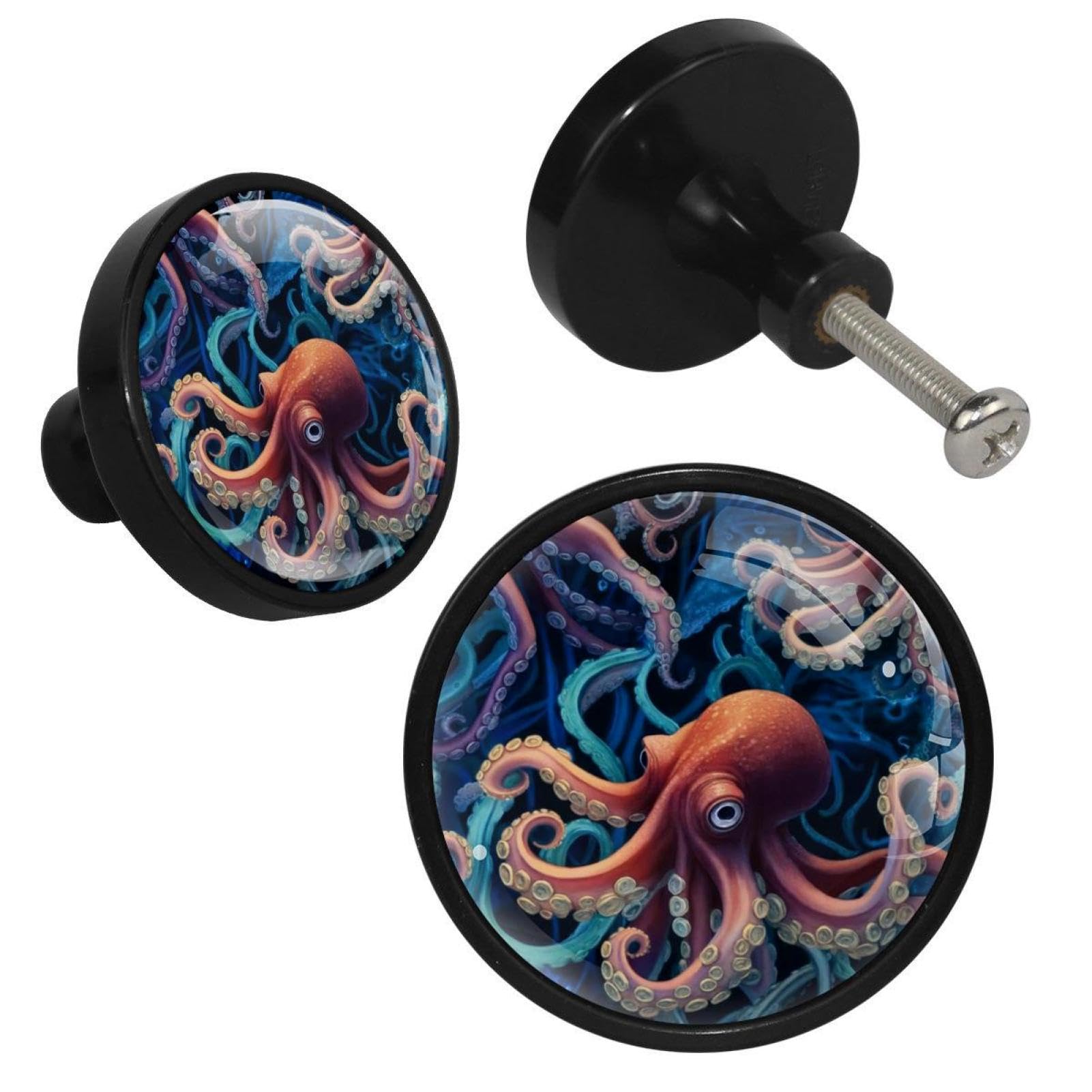 NUEAHEDN 4 Pieces Dresser Knobs for Drawer Cartoon Octopus Kitchen Cabinet Knobs Round Door Pull Handle for Home Nursery Furniture Cupboard
