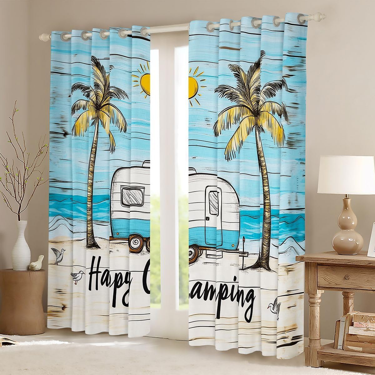 Feelyou Camper Curtains for Bedroom Living Room Happy Camping Blackout Darkening Drapes RV Camping Window Treatments, 2 Panels 38 x 45 Inch Camper Accessories for Travel Trailers Room Decor image 2