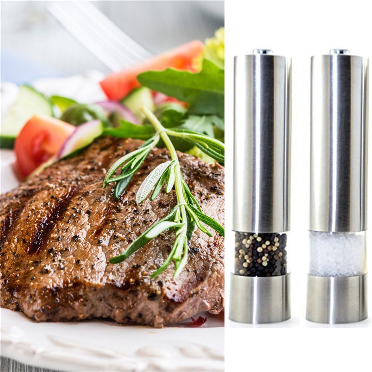 Salt and Pepper Grinder Set Electric Automatic Stainless Steel Ceramic Coarse Battery Power Square Head Set of 2
