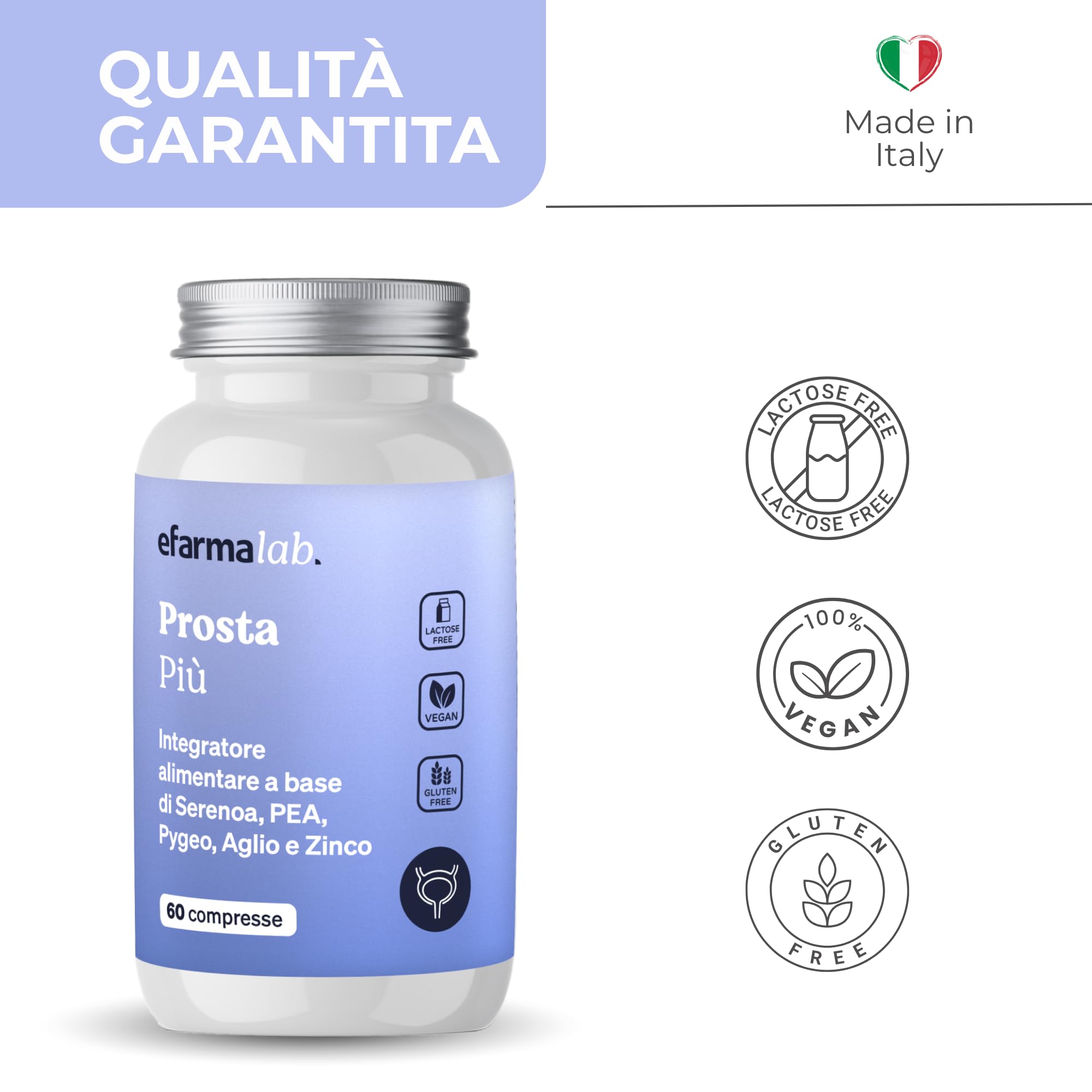 eFarmaLab Prosta Più Integratore per la Prostata con Serenoa Repens, Pygeum, PEA e Zinco | Benessere Prostatico e Urinario | 60 Compresse | Made in Italy