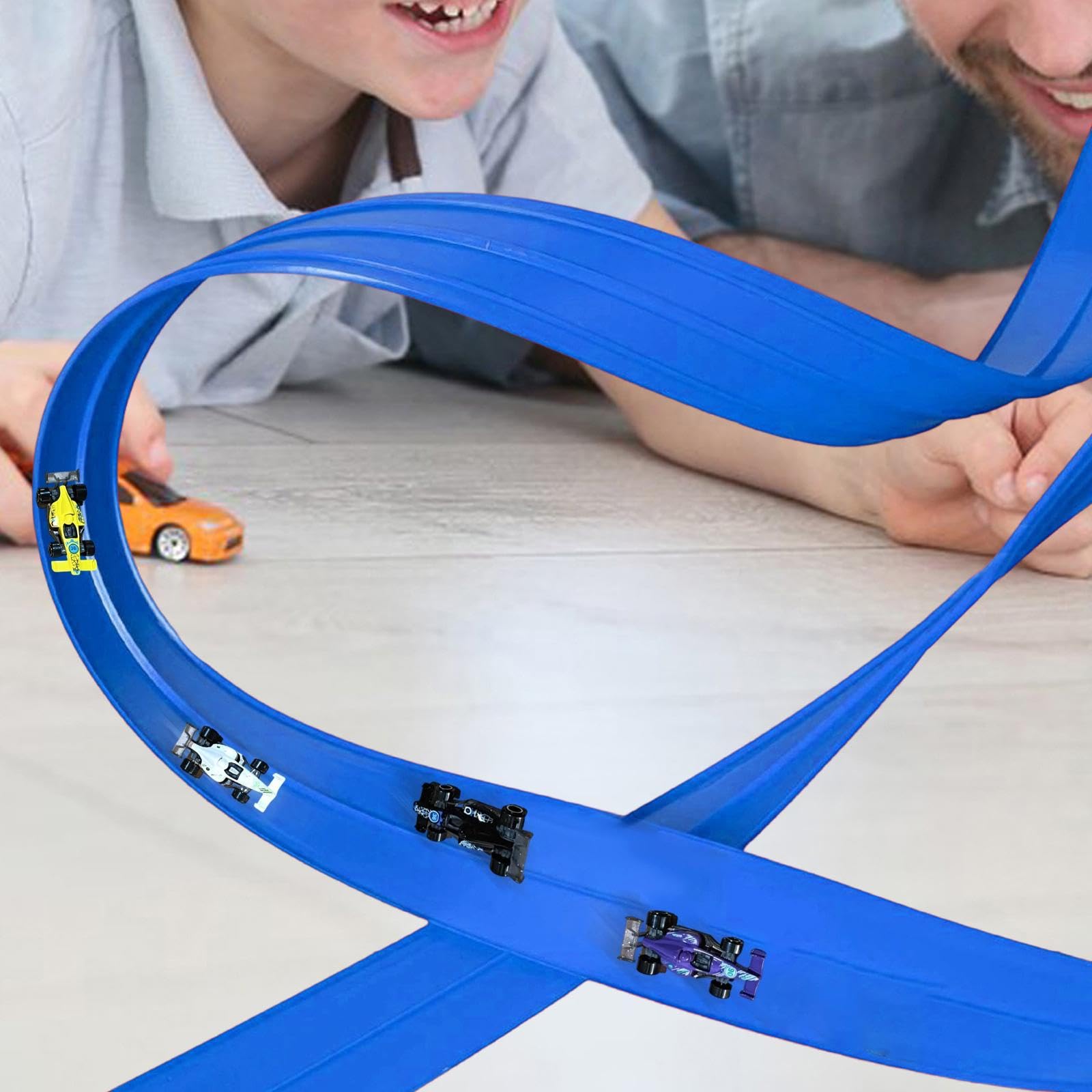 MagiDeal Pista Flexible para Coches de Carreras para Niños con Ventosas Y Rampa Portátil Fácil de Montar Y Llevar Adecuada para Regalos Juegos en Casa Viajes, Azul
