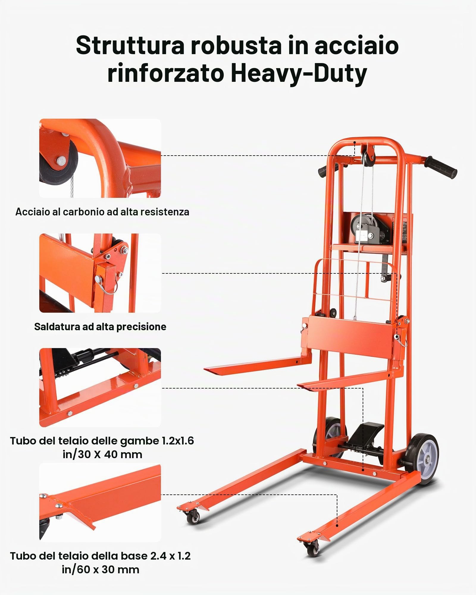 VEVOR Carrello Elevatore a Verricello, con Capacità di 150 kg, Altezza di Sollevamento di 109 cm, Carrello Elevatore a Transpallet Manuale con Ruote Girevoli e Piastra di Sollevamento
