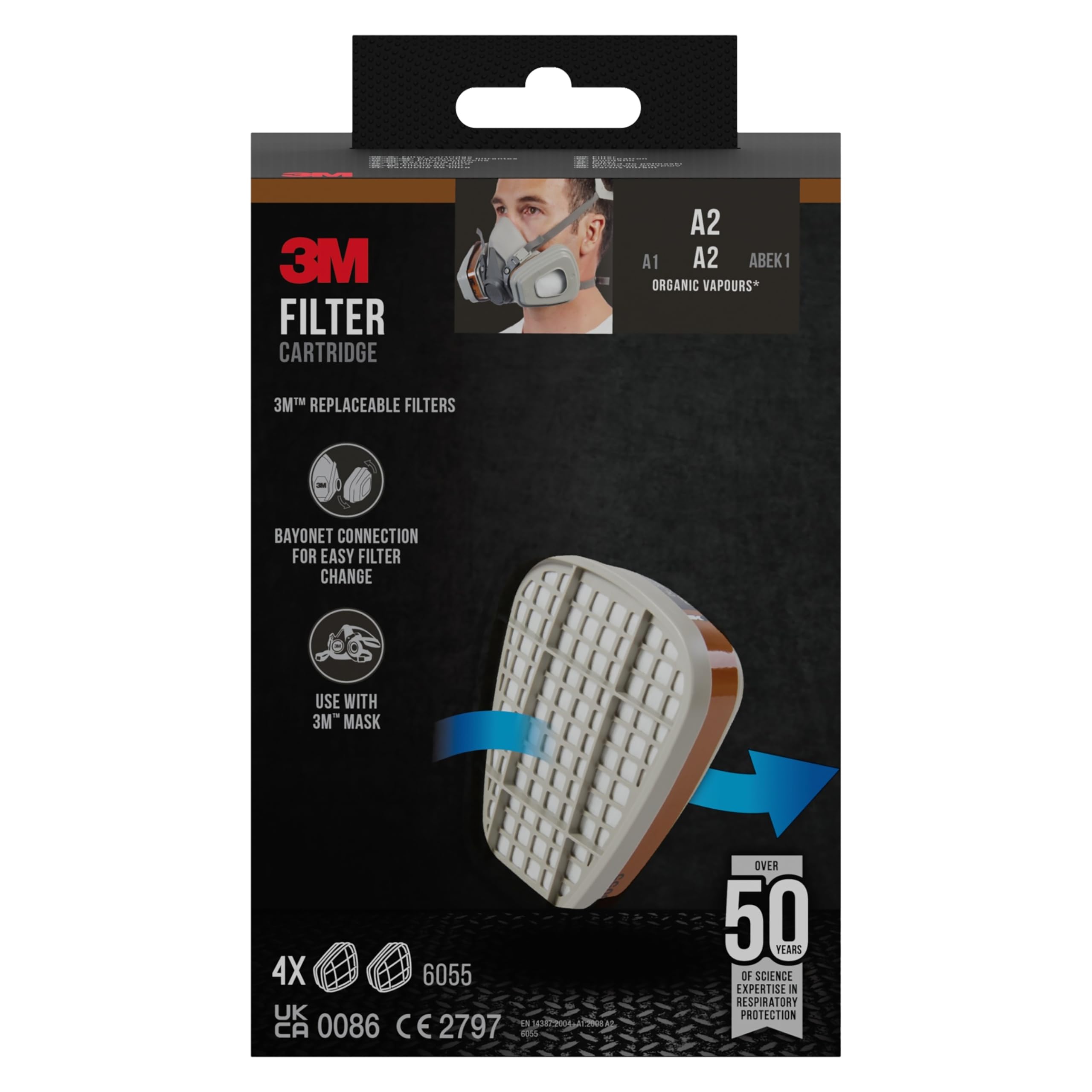 3M Filterpatrone 6055, A2 Organische Dämpfe, 4 Paar/Packung