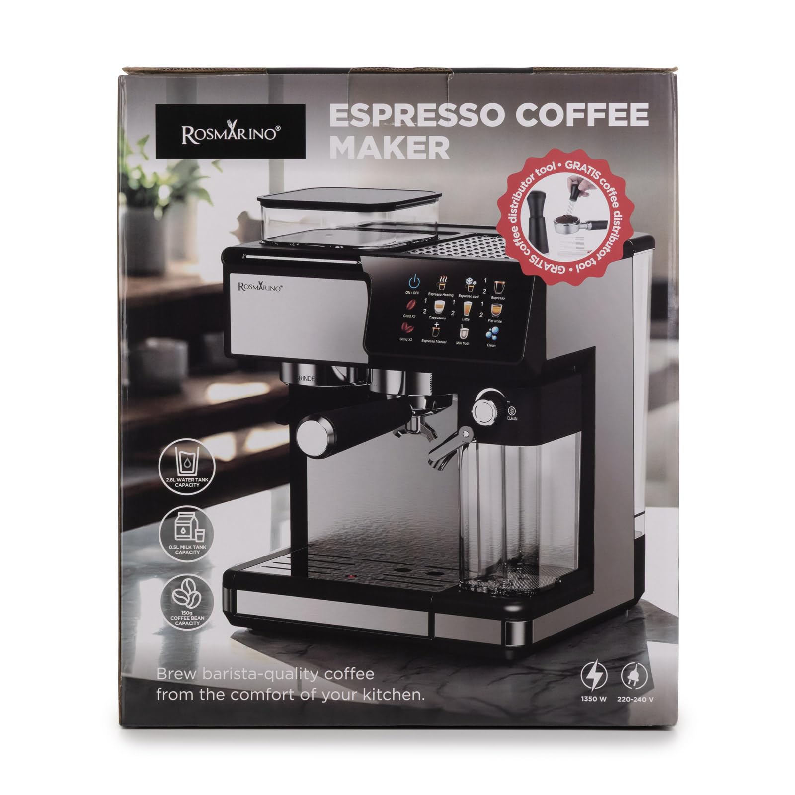 ROSMARINO W pełni automatyczny ekspres do kawy z młynkiem, pompa 20 bar, automatyczny spieniacz do mleka, Touch Control, zbiornik na wodę 2,6 l, espresso Cappuccino Latte, samoczyszczący, czarny