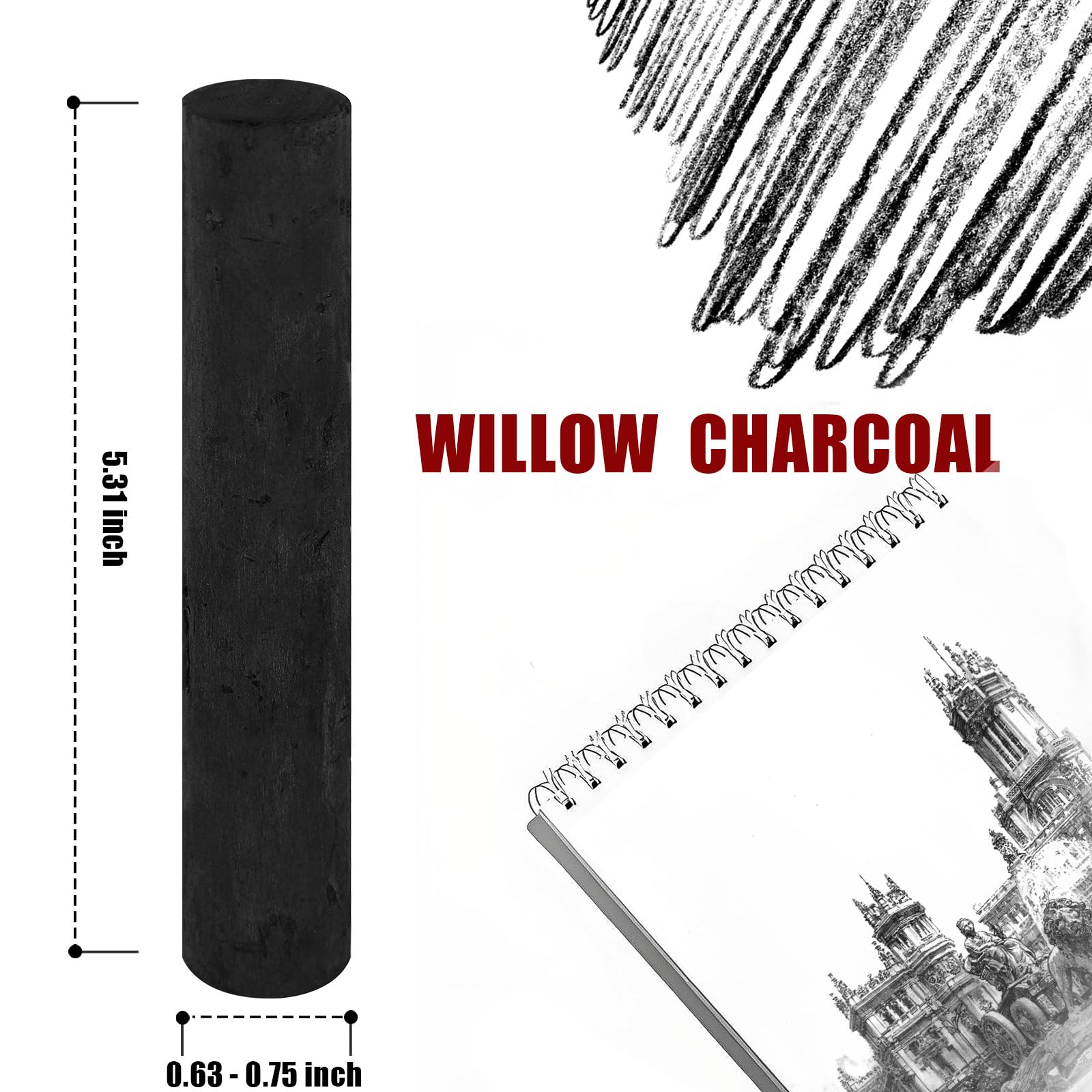 6 bastoncini di carbone di salice nero, 1,6 - 1,9 cm, grandi, morbidi e spessi, per schizzi e artisti