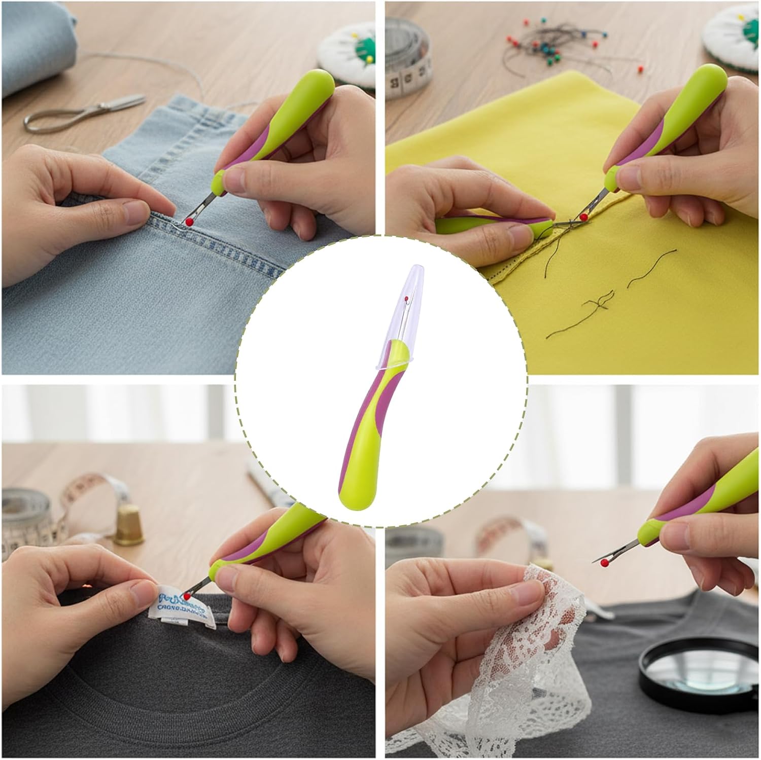 5-Piece Stitch Remover Tool,Seam Cutter for Sewing Kit with Green Lilac Handles, Professional Thread Cutter for Sewing Projects, Multipurpose Seam Cutter and Seam Rippers for Sewing