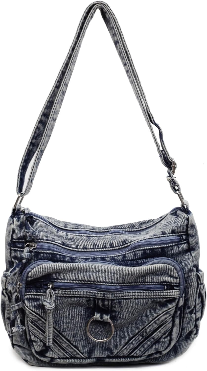 Retro Denim Crossbody Bag for Women, Lightweight Multi-Pocket Tote, Adjustable Strap Metal Zipper Purse