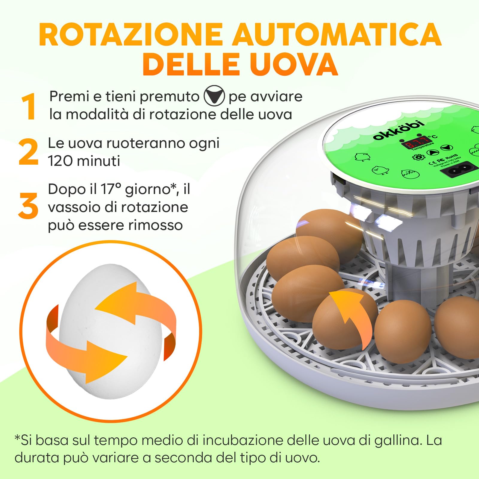 Okkobi M12 - Incubatrice per uova automatica con Girauova Automatico e Controllo Umidità - Incubatrice uova gallina - 12/24 uova, vista a 360°, facile da usare e pulire - Bianco e verde