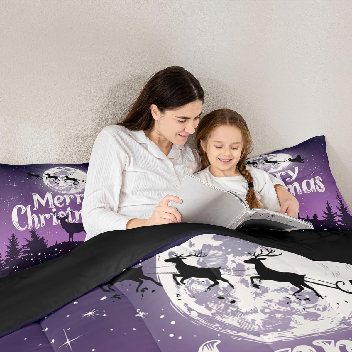 Merry Christmas Comforter Set Queen Size Deer Elk Bedding Set for Kids Girls Women Snowflakes Xmas Santa Tree Down Comforter Purple Black Holiday Night Moon Quilt Set Warm Soft Bedroom Decor
