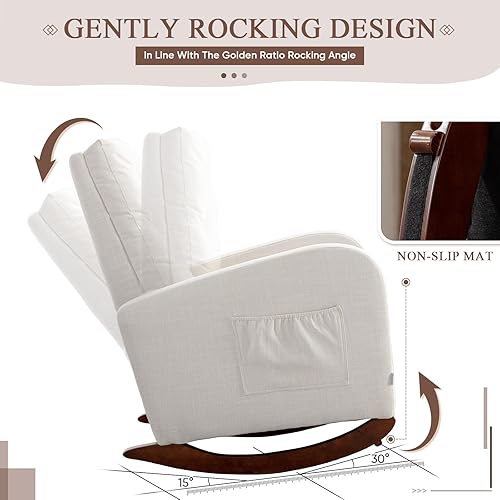 Miniatura 5 de Mecedora moderna para guardería, silla mecedora tapizada con respaldo alto copetudo, cómodo sillón decorativo con cojín grueso y bolsillo grande