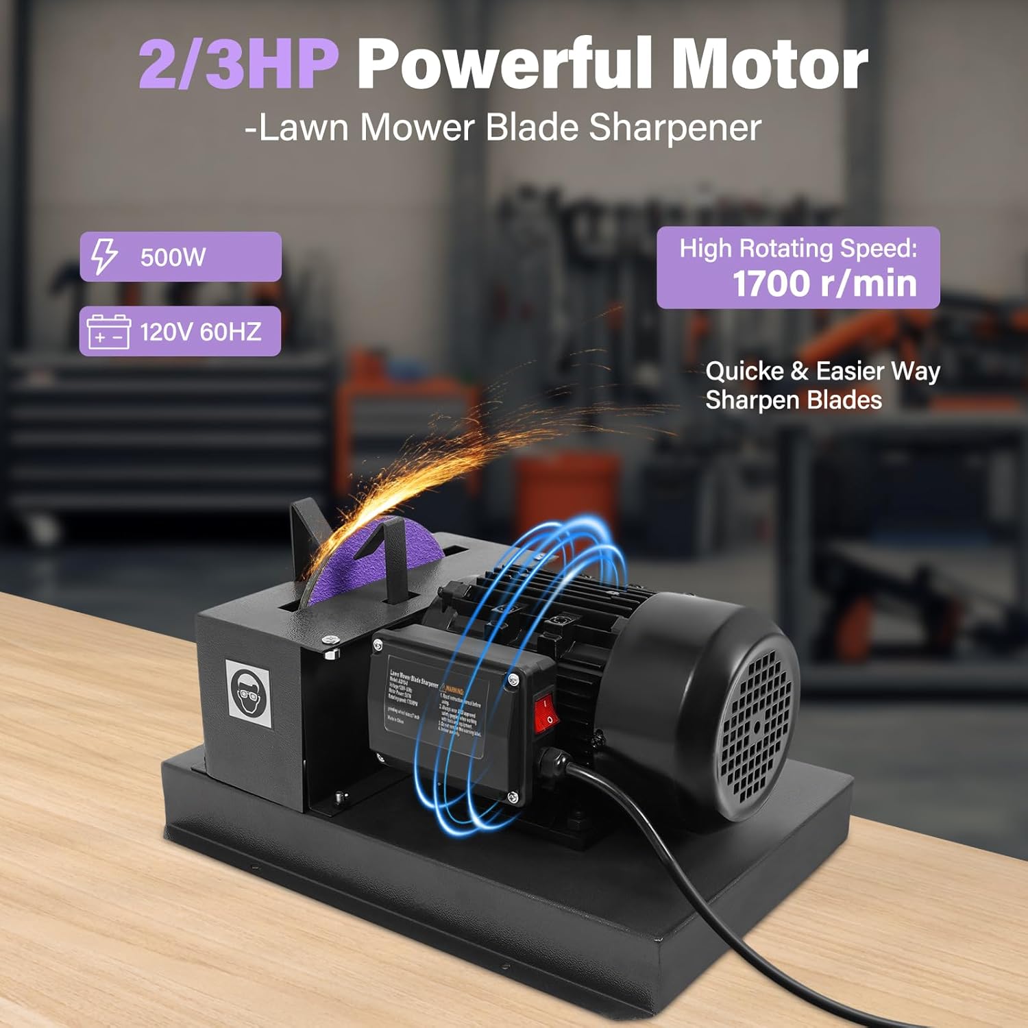500W Lawn Mower Blade Sharpener, 2/3HP Electric Grinder with 7in Zirconium Corundum Wheel, 1700RPM for High-Lift, Low-Lift, Gator Blades