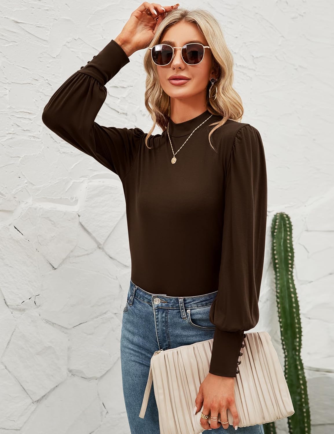 Qirno Womens Mock Neck Puff Long Sleeve Tops Casual Loose Solid Basic T Shirt Button Cuffs Pullovers Shirts Blouse - Image 5