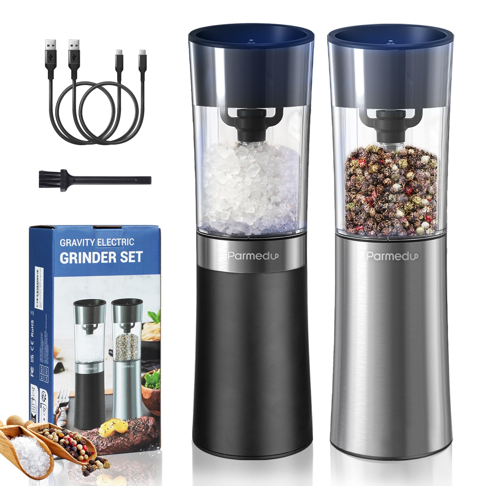 Gravity Electric Salt and Pepper Grinder Set: Automatic Salt and Pepper Grinder Set, USB Rechargeable with LED Light, Adjustable Coarseness, Large Capacity, One - Hand Operation, 2PCS